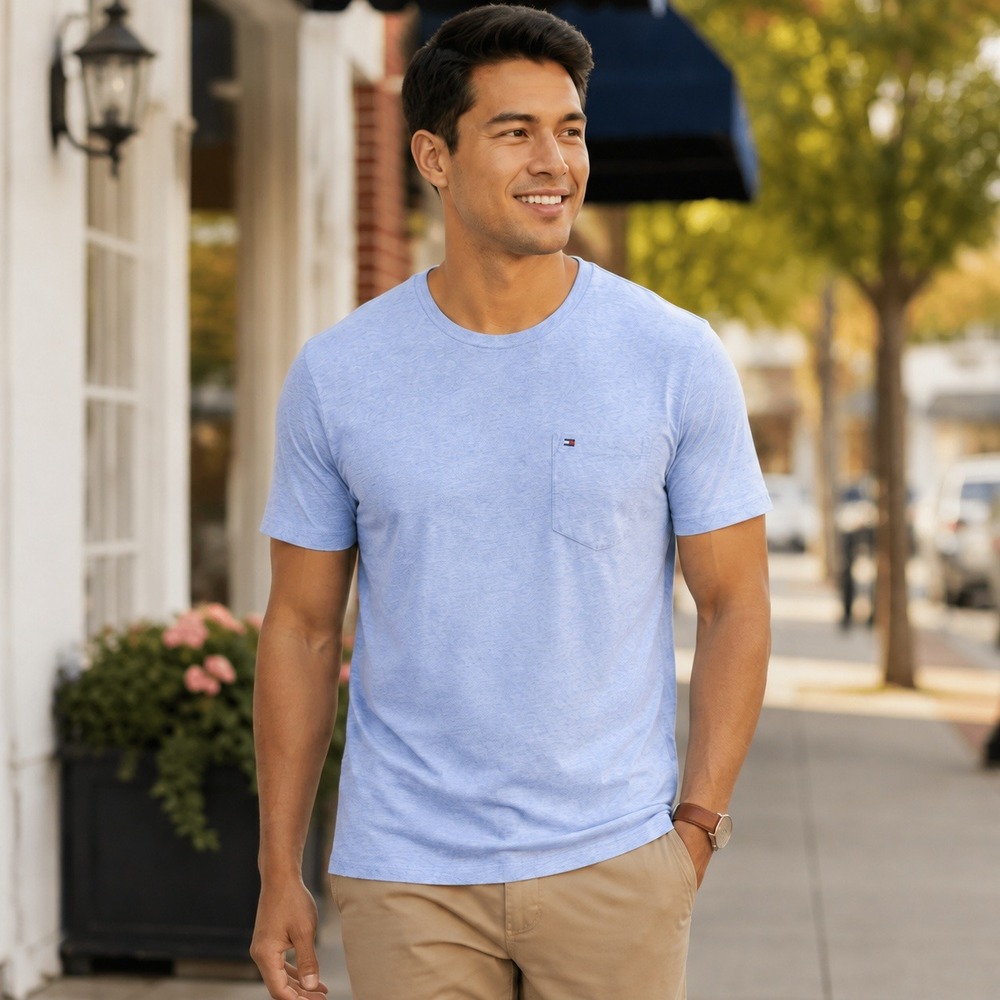 Tommy Hilfiger Mens Light Blue Heathered Short Sleeve Pocket T-Shirt Logo L - Picture 3 of 3